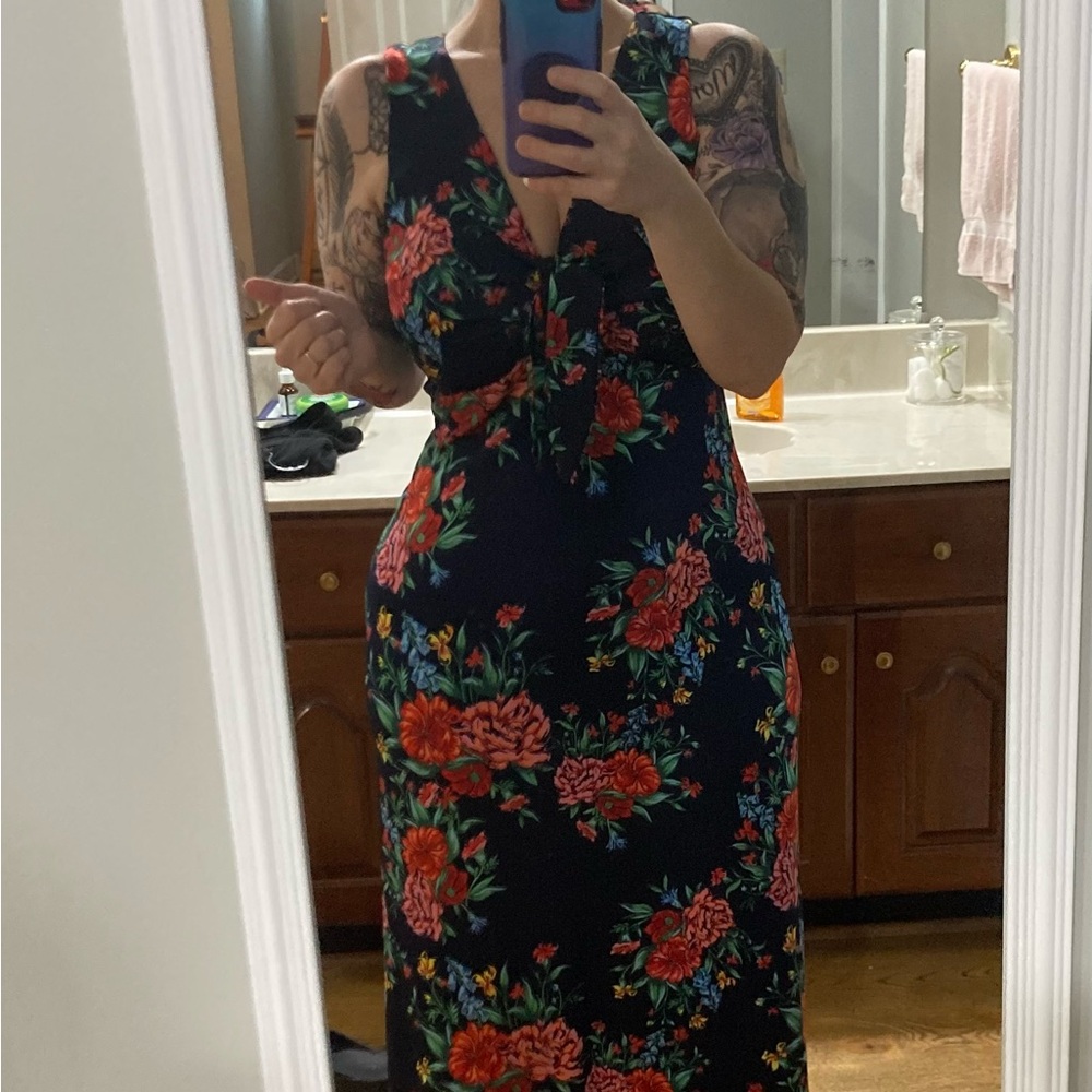 NWOT Nina Leonard Navy Floral Maxi Dress - Picture 2 of 8